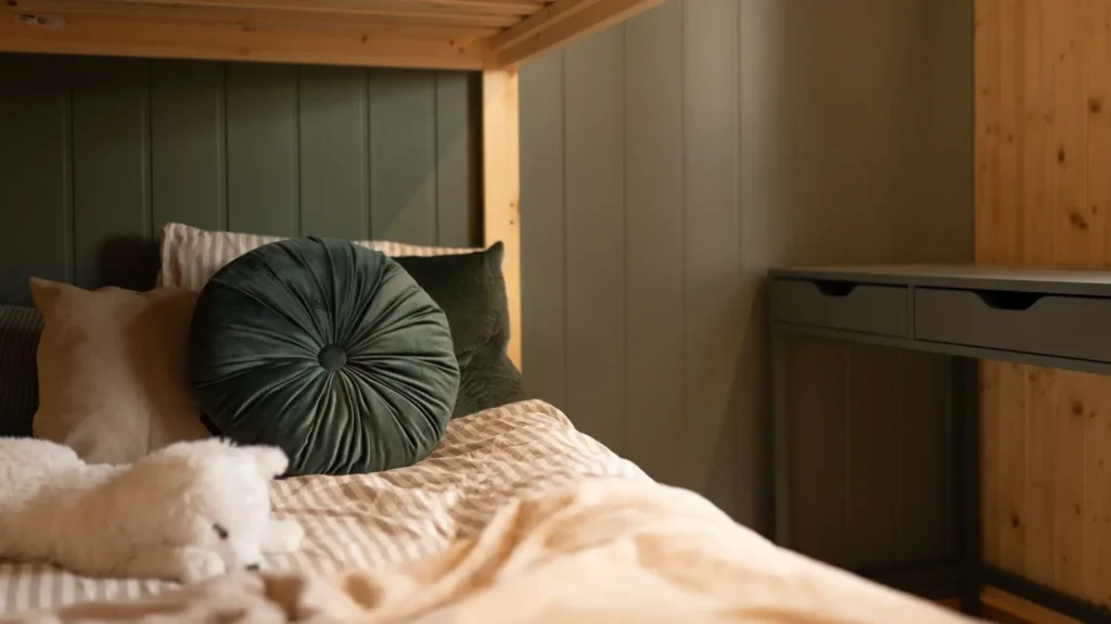 Przytulne wnętrze pokoju w domku mobilnym DROZD, widok na dolne łóżko piętrowe i biurko