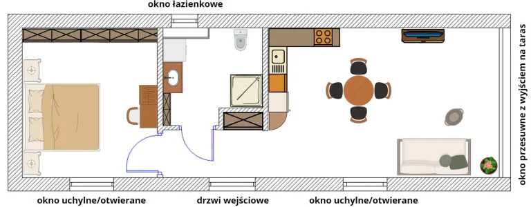 Schemat domku mobilnego KOS i przykład jego umeblowania